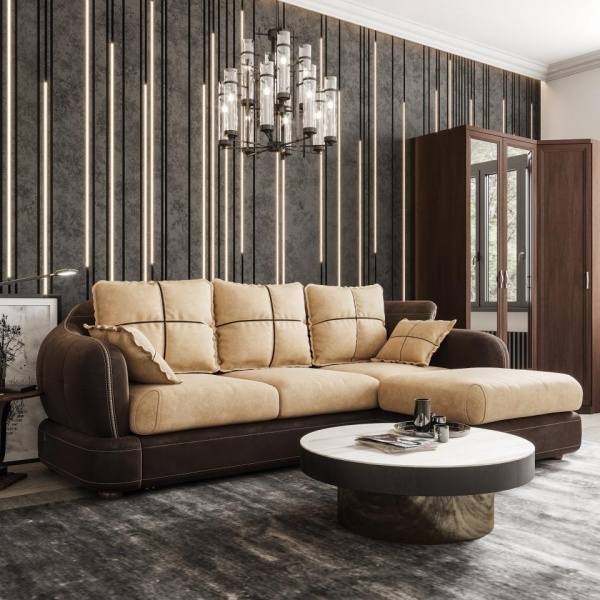 Диван угловой правый Неаполь Tesoro темно-коричневый (эз) / Feleсita Latte 03