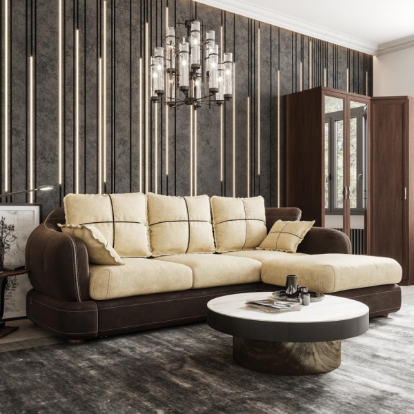 Диван угловой правый Неаполь Tesoro темно-коричневый (эз) / Feleсita White cream 01