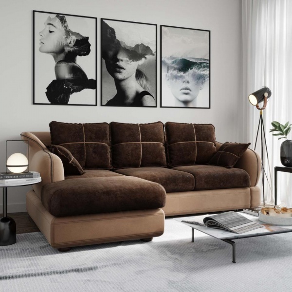 Диван угловой левый Неаполь Tesoro латте (эз) / Feleсita Chocolate 10