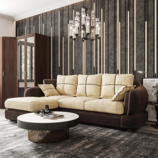 Диван угловой левый Неаполь Tesoro темно-коричневый (эз) / Feleсita White cream 01